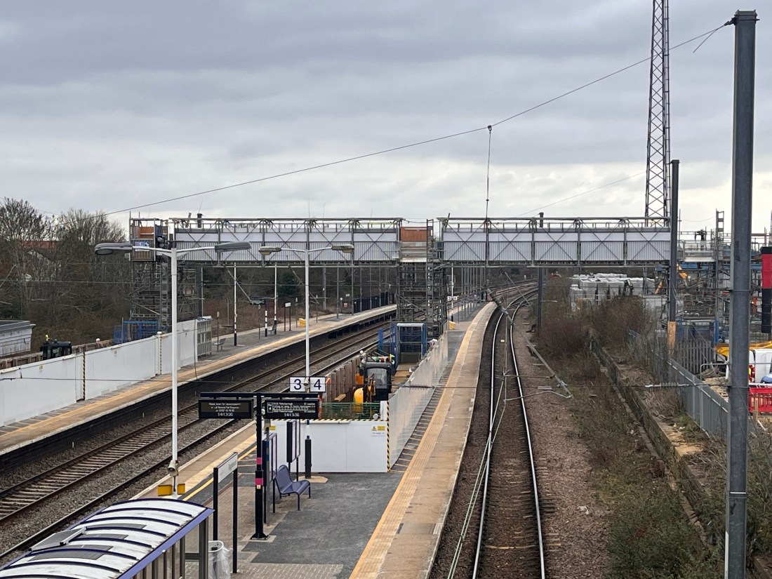 The temporary scaffold bridge at Biggleswade station.